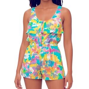 R•89 Watercolor Silk Ruffle Romper Pastel NWOT Size S